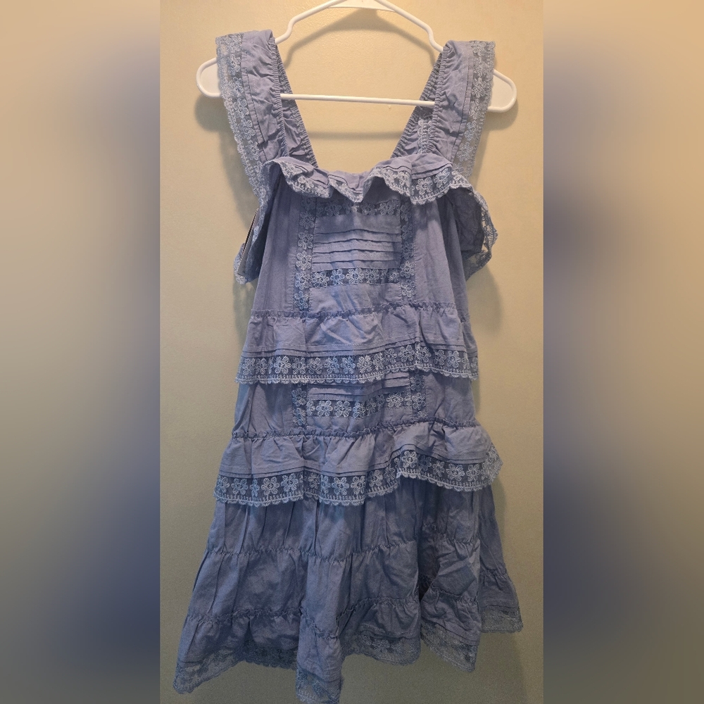 Gacaky New Blue Tiered Lace-Trim Sundress Romper Style Gunny Sack